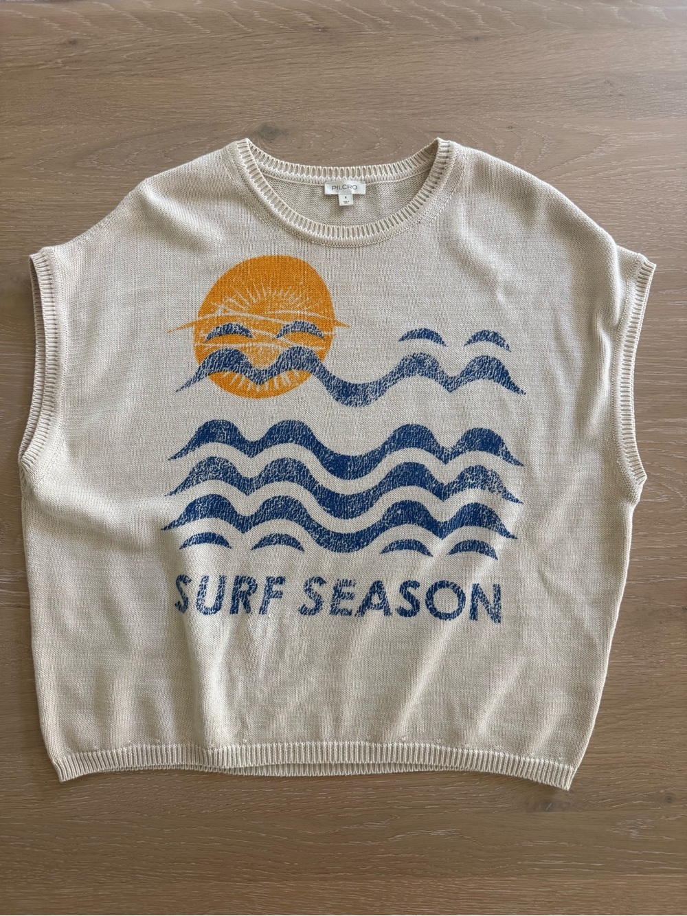 Pilcro Cream Knit Tank with Blue Waves & Orange Sun